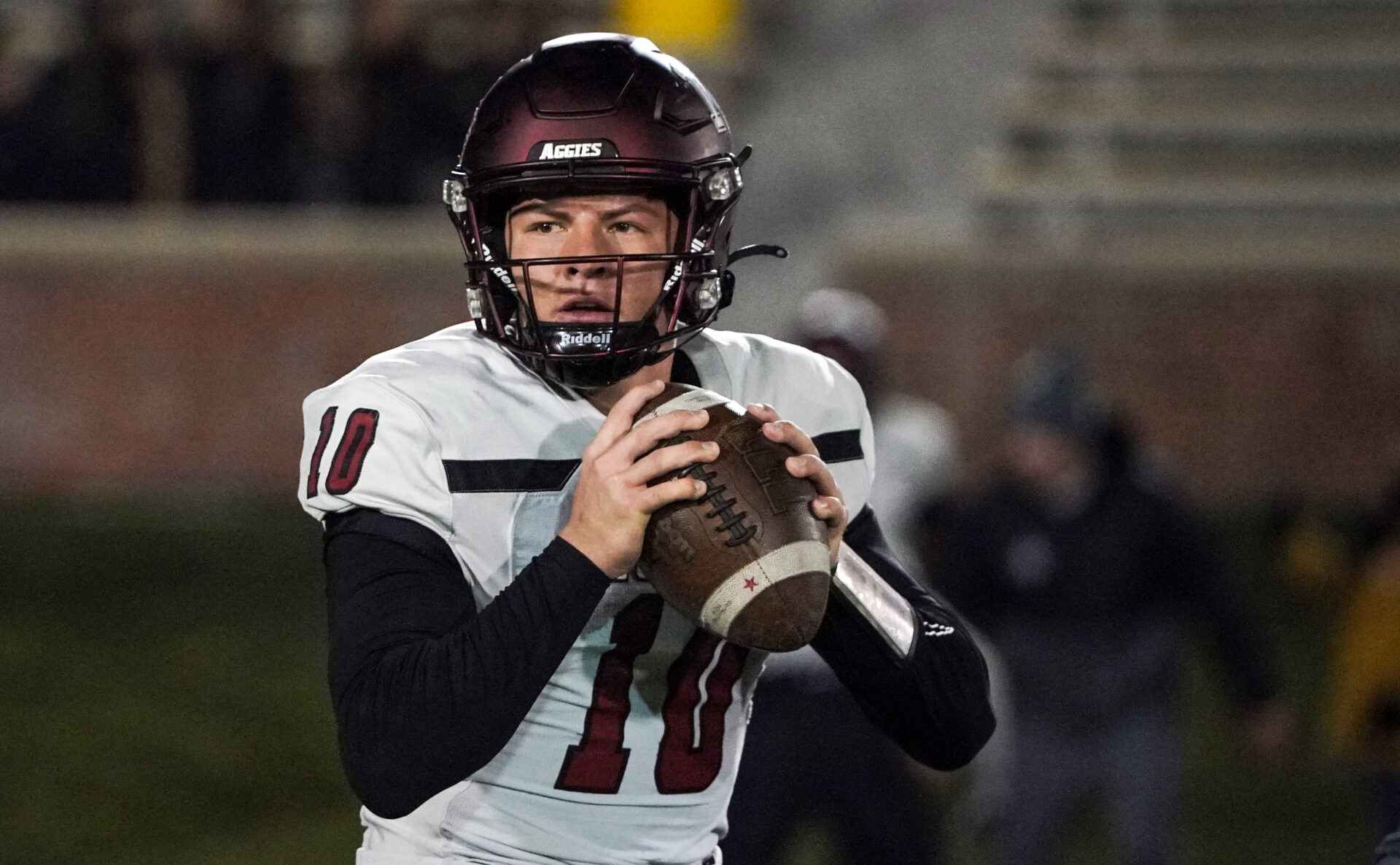 New Mexico State Aggies quarterback Diego Pavia (10) warms up against the Missouri Tigers prior to a game at Faurot Field at Memorial Stadium.