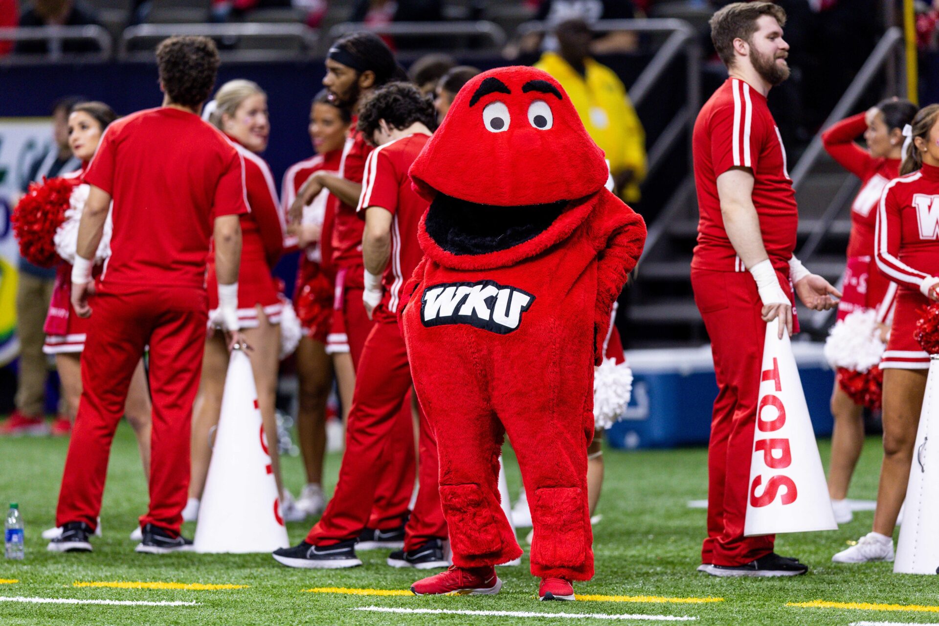 Western Kentucky Hilltoppers mascot Big Red dances against the South Alabama Jaguars.