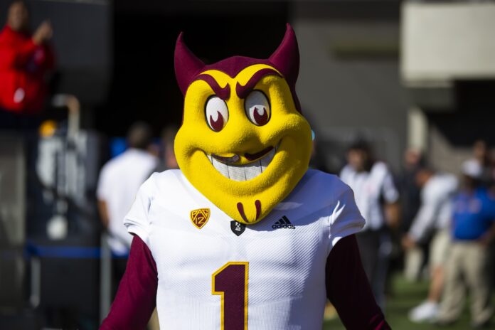 The Arizona State Sun Devils mascot, Sparky, during a game.