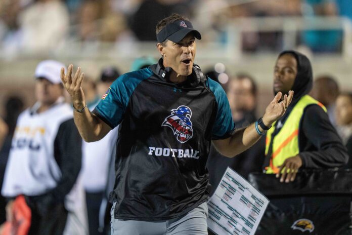 Coastal Carolina head coach Jamey Chadwell reacts after a call is made on the field.