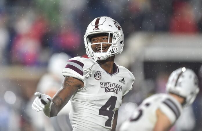 Mississippi State WR Caleb Ducking (4) smiles in between plays.