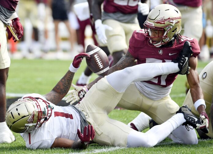 Florida State Seminoles defensive back Greedy Vance (21) strips the ball away from wide receiver Winston Wright Jr (1) during the spring game.