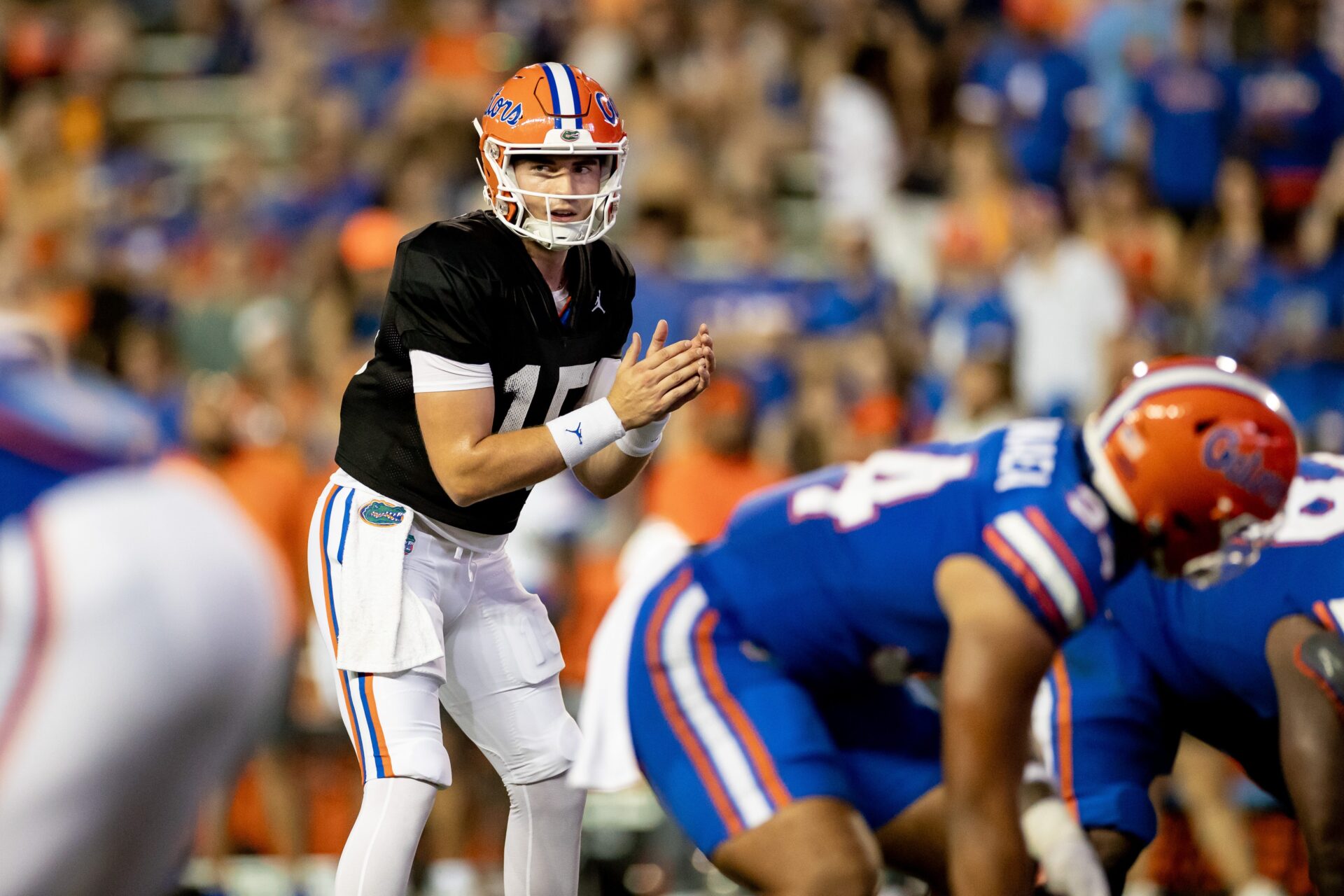 Florida Gators quarterback Graham Mertz (15) looks on during the second half during the Florida Gators Orange and Blue Spring Game at Steve Spurrier Field at Ben Hill Griffin Stadium in Gainesville, FL on Thursday, April 13, 2023. [Matt Pendleton/Gainesville Sun] Ncaa Football Florida Gators Orange Blue Spring Game