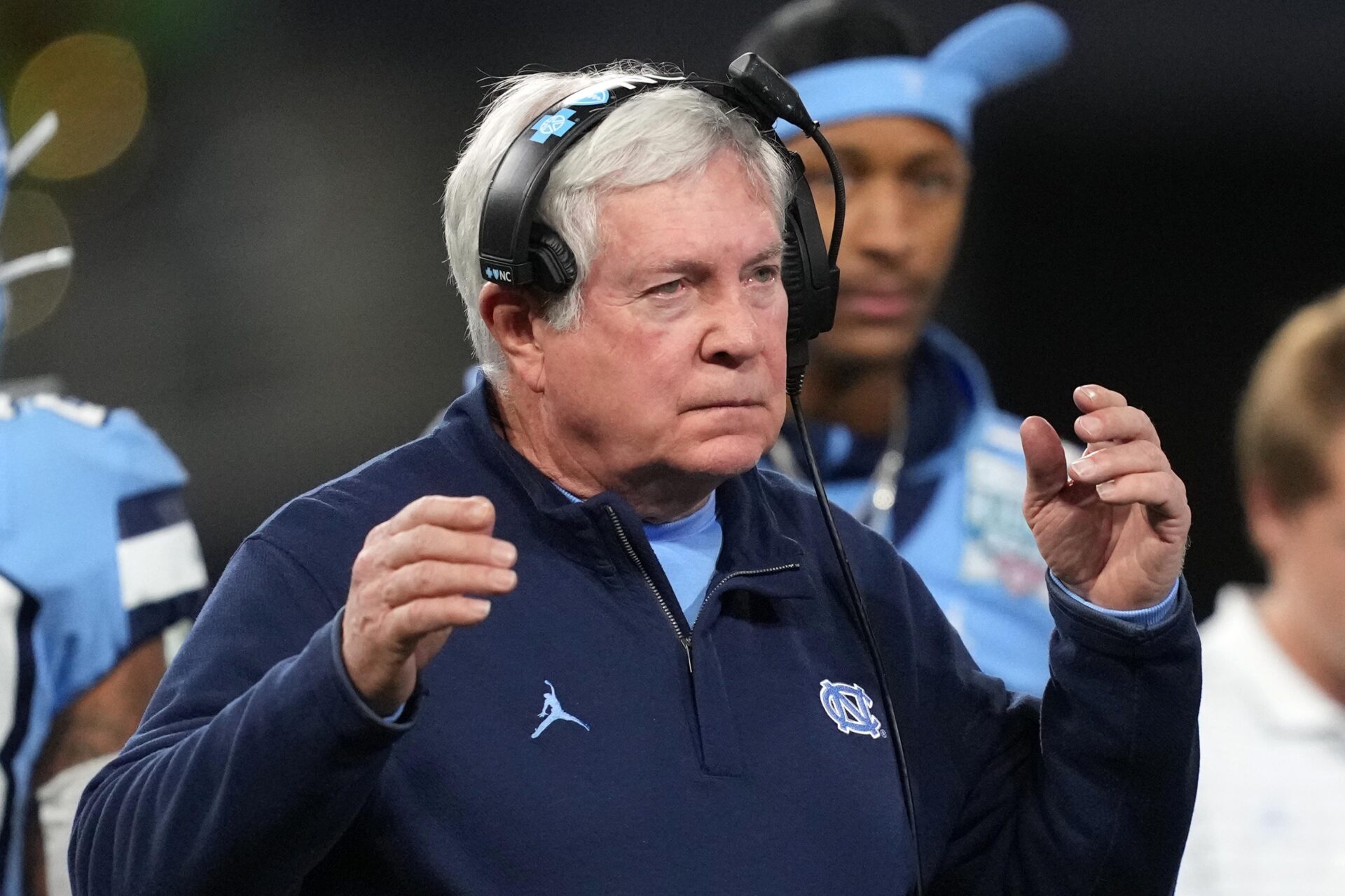 North Carolina Tar Heels head coach Mack Brown reacts after a play.
