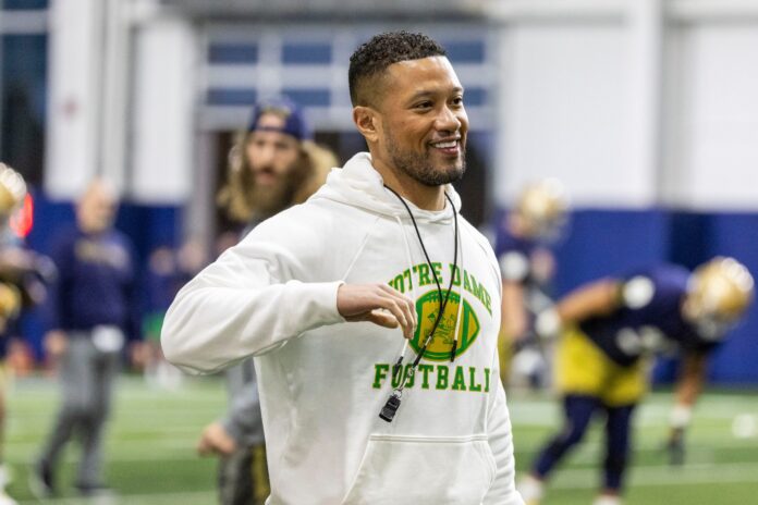 Notre Dame head coach Marcus Freeman during Notre Dame Spring Practice on Wednesday, March 22, 2023, at Irish Athletics Center in South Bend, Indiana.