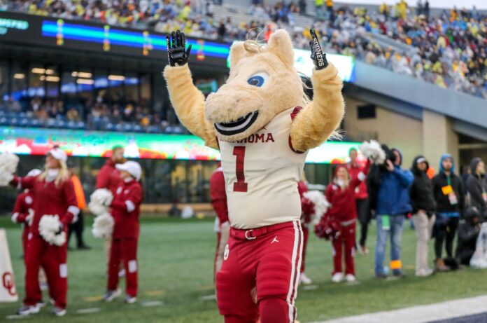 The Oklahoma Sooners mascot performs during the second quarter against the West Virginia Mountaineers.