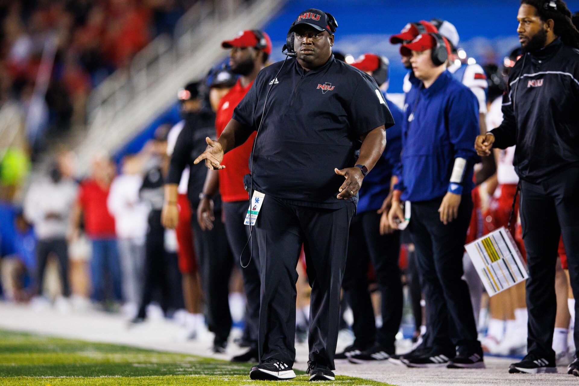 Northern Illinois Huskies head coach Thomas Hammock on the sidelines during the fourth quarter against the Kentucky Wildcats at Kroger Field.