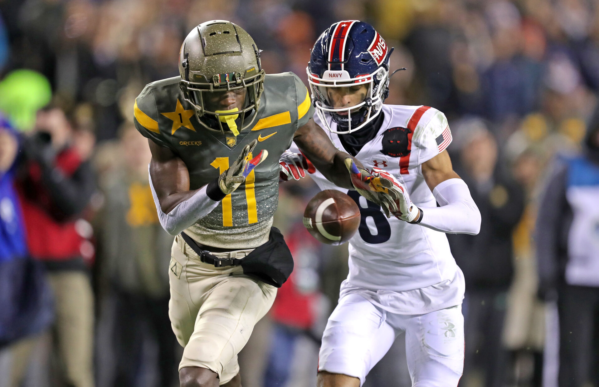 Dec 10, 2022; Philadelphia, Pennsylvania, USA; Army Black Knights wide receiver Isaiah Alston (11) tries to grab a pass while Navy Midshipmen cornerback Matthew Peters (8) defends during the second half of the 123rd Army-Navy game at Lincoln Financial Field. Mandatory Credit: Danny Wild-USA Today Sports