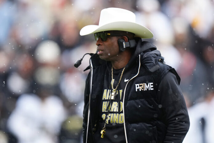Apr 22, 2023; Boulder, CO, USA; Colorado Buffaloes head coach Deion Sanders during the first half of the spring game at Folsom Filed. Mandatory Credit: Ron Chenoy-USA TODAY Sports