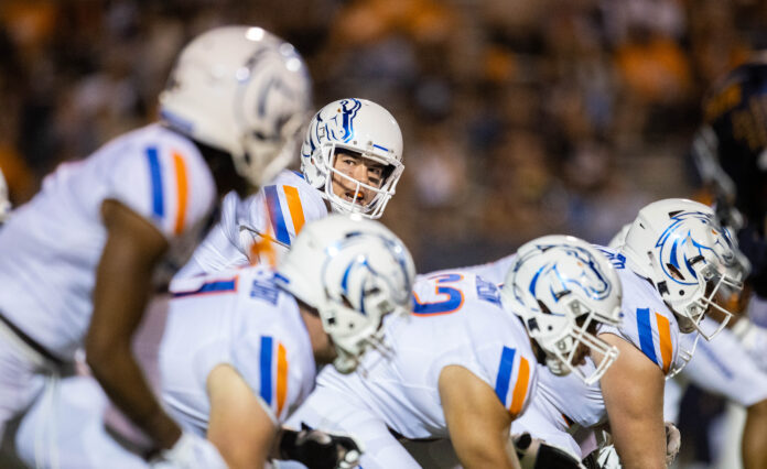 Sep 23, 2022; El Paso, Texas, USA; Boise State quarterback Hank Bachmeier (19) before hiking the ball against the UTEP Miners defense in the first half at Sun Bowl. Mandatory Credit: Ivan Pierre Aguirre-USA TODAY Sports