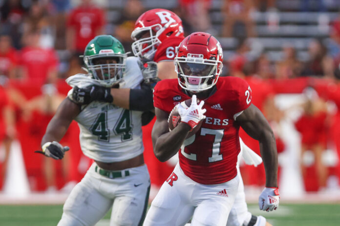 Sep 10, 2022; Piscataway, New Jersey, USA; Rutgers Scarlet Knights running back Samuel Brown V (27) runs with the ball against the Wagner Seahawks during the second half at SHI Stadium. Mandatory Credit: Ed Mulholland-USA TODAY Sports
