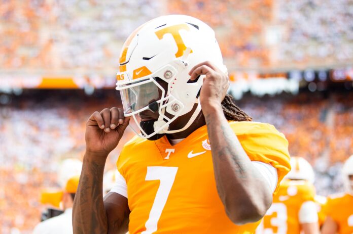Tennessee quarterback Joe Milton III (7) before Tennessee’s football game against Florida in Neyland Stadium in Knoxville, Tenn., on Saturday, Sept. 24, 2022.