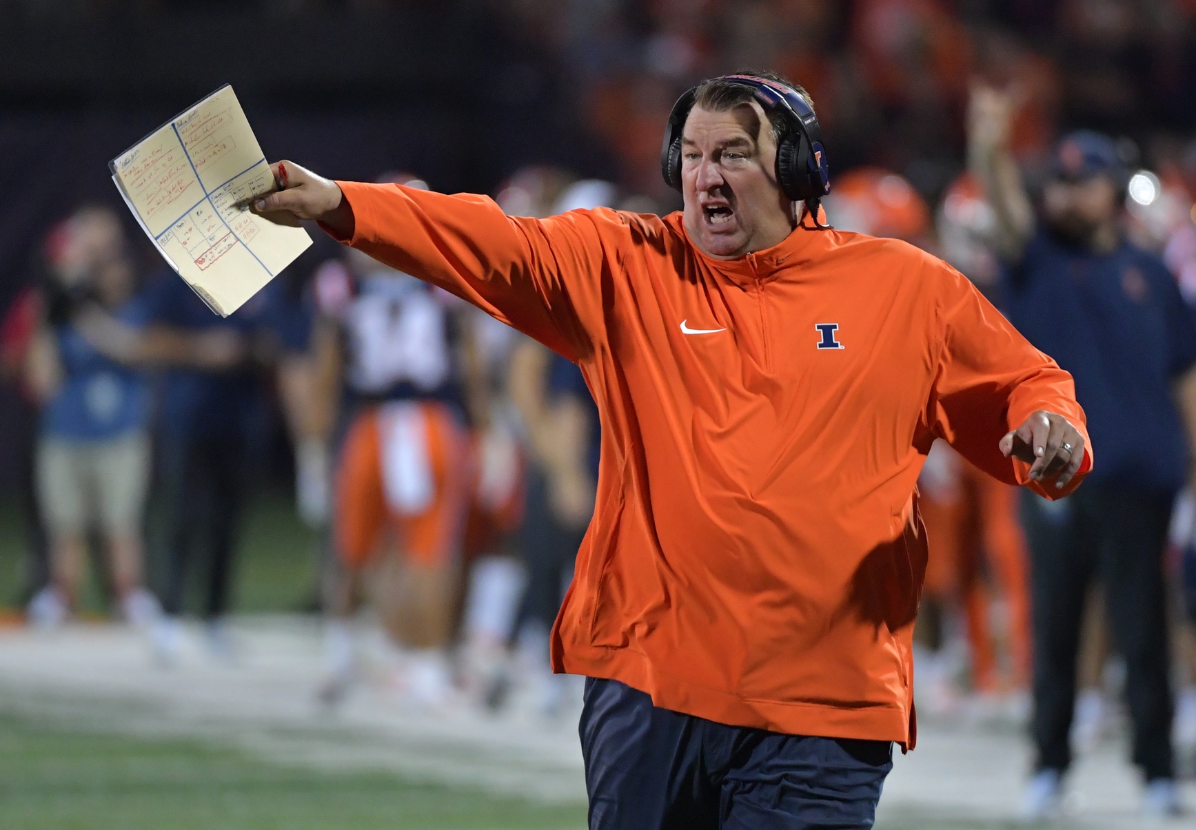 Bret Bielema reacts after a play against the Toledo Rockets during the second half at Memorial Stadium.