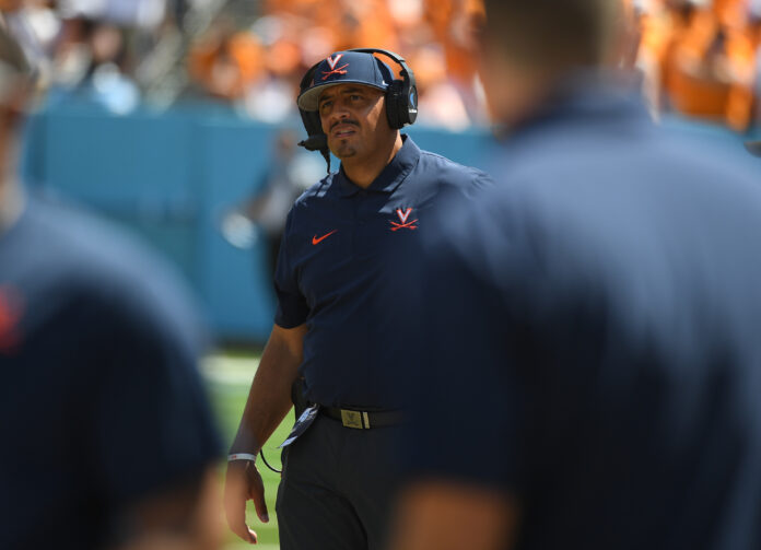 Sep 2, 2023; Nashville, Tennessee, USA; Virginia Cavaliers head coach Tony Elliott looks on from the sideline during the second half against the Tennessee Volunteers at Nissan Stadium. Mandatory Credit: Christopher Hanewinckel-USA TODAY Sports