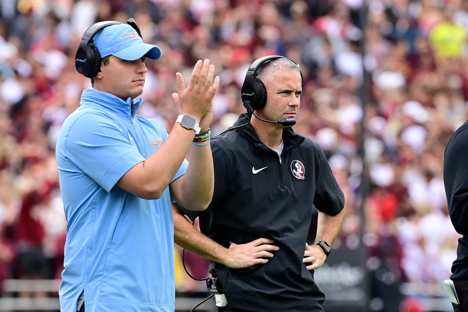 Sep 16, 2023; Chestnut Hill, Massachusetts, USA; Florida State Seminoles head coach Mike Norvell (in black) watches game action during the first half against the Boston College Eagles at Alumni Stadium. Mandatory Credit: Eric Canha-USA TODAY Sports