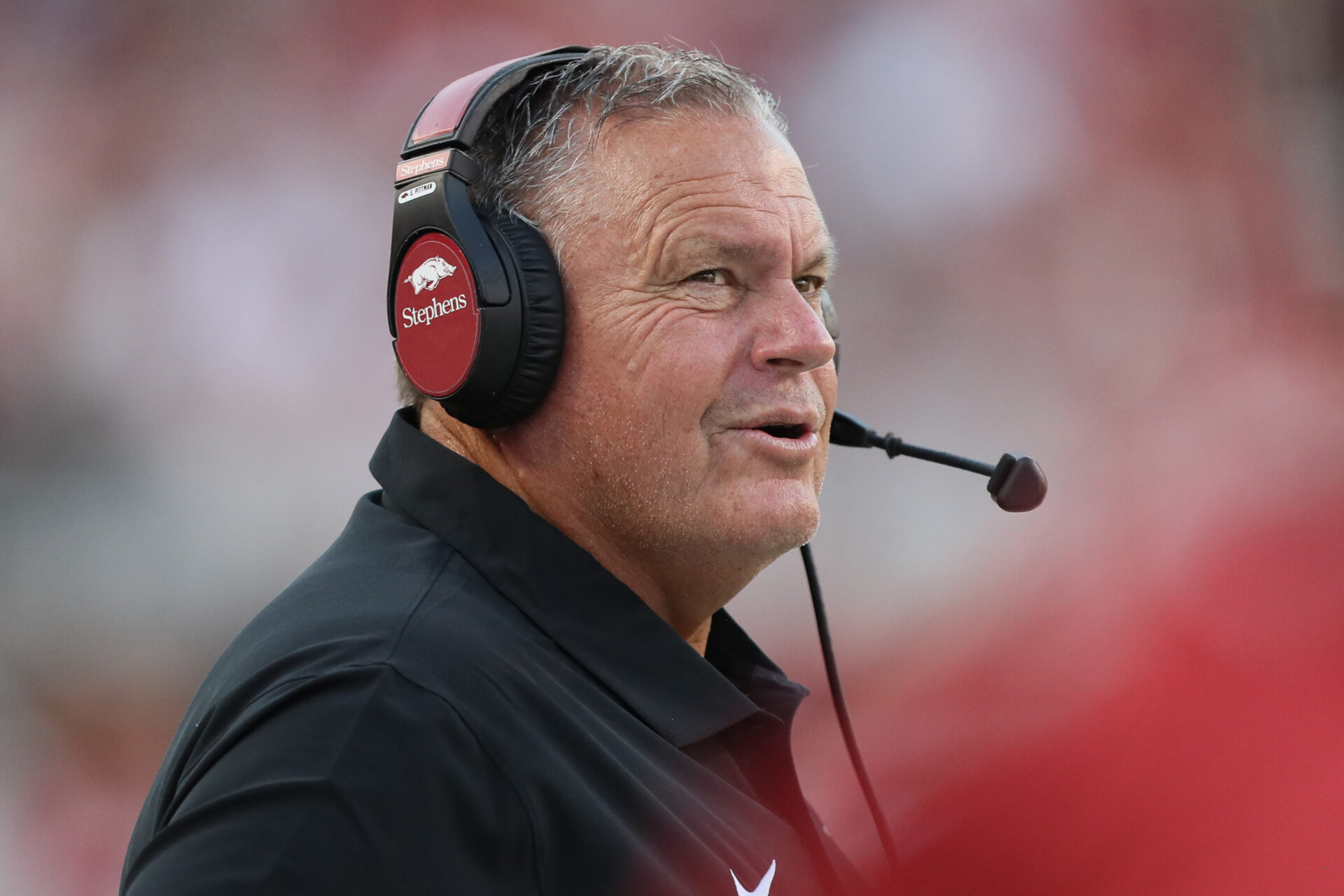 Sep 16, 2023; Fayetteville, Arkansas, USA; Arkansas Razorbacks head coach Sam Pittman during the first quarter against the BYU Cougars at Donald W. Reynolds Razorback Stadium. Mandatory Credit: Nelson Chenault-USA TODAY Sports