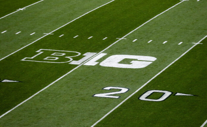 A detailed view of the Big Ten Conference logo on the field prior to the game between the Iowa Hawkeyes and the Penn State Nittany Lions at Beaver Stadium.