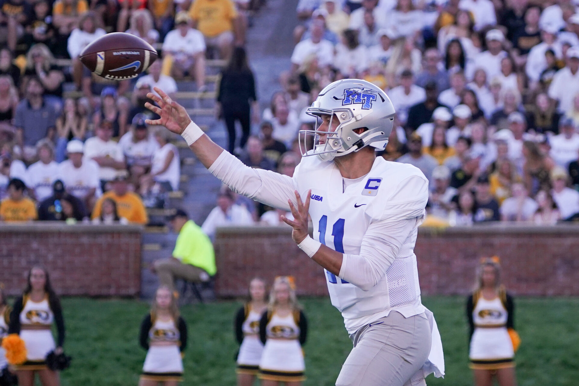 Middle Tennessee Blue Raiders quarterback Nicholas Vattiato (11) throws a pass against the Missouri Tigers during the first half at Faurot Field at Memorial Stadium.