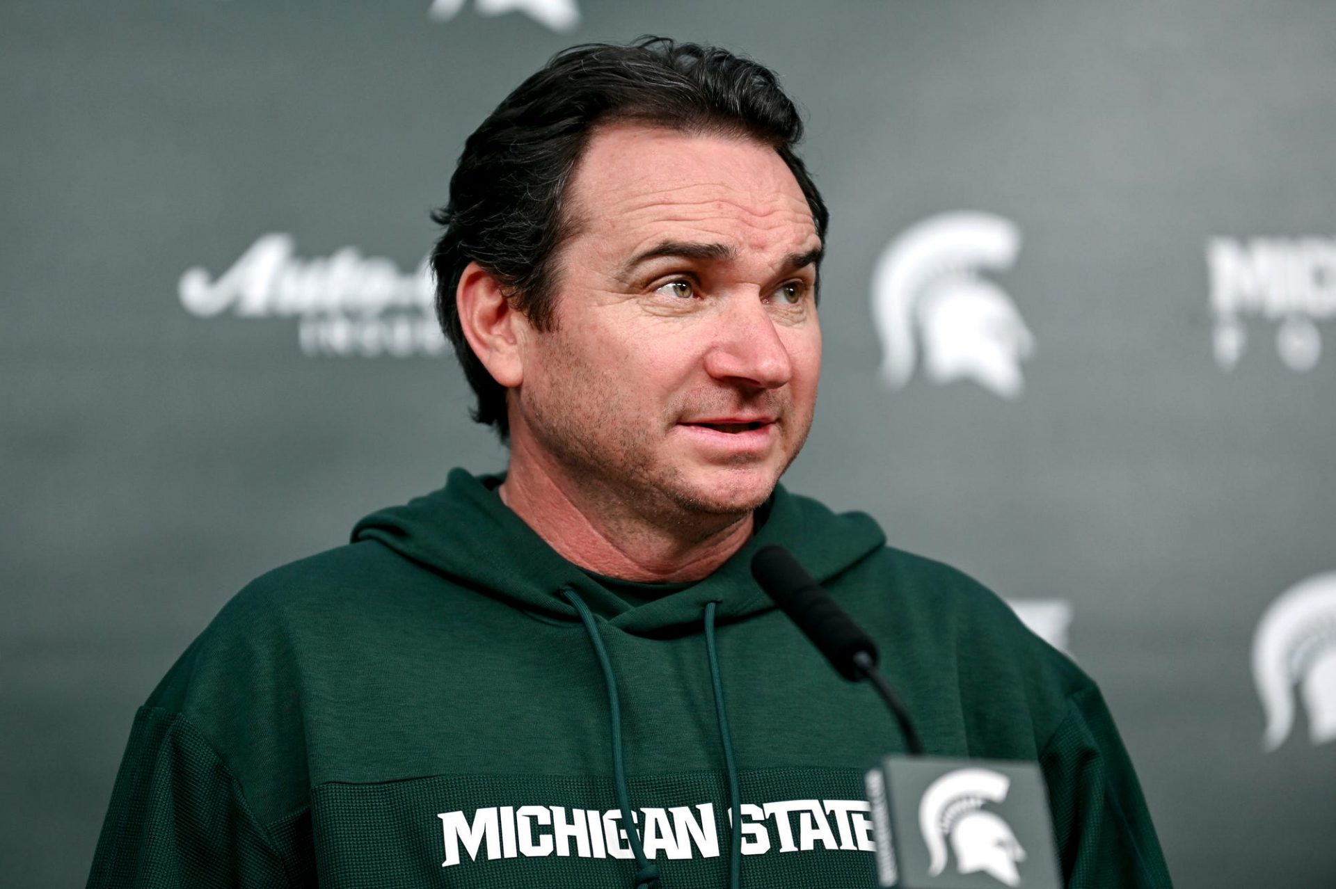 Michigan State coach Jonathan Smith talks the media on the first national signing day for college football recruits Wednesday, Dec. 20, 2023, at Spartan Stadium in East Lansing.