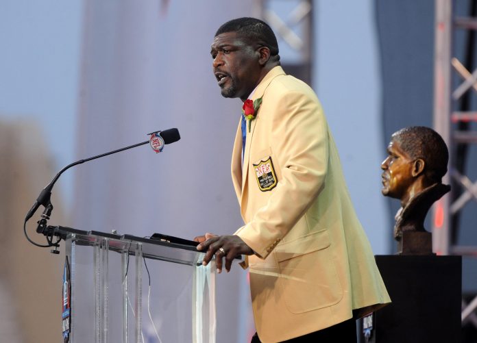 Aug 8, 2009; Canton, OH, USA; Randall McDaniel gives induction speech at the 2009 Pro Football Hall of Fame enshrinement at Fawcett Stadium. Mandatory Credit: Kirby Lee/Image of Sport-USA TODAY Sports