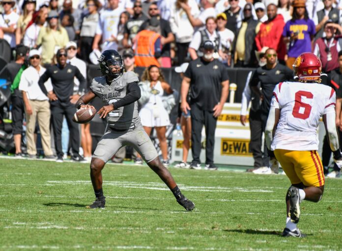 Colorado Buffaloes quarterback Shedeur Sanders (2) in the fourth quarter against the USC Trojans at Folsom Field.