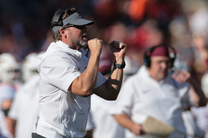 Virginia Tech Hokies head coach Brent Pry reacts during the first half against the Rutgers Scarlet Knights at SHI Stadium.