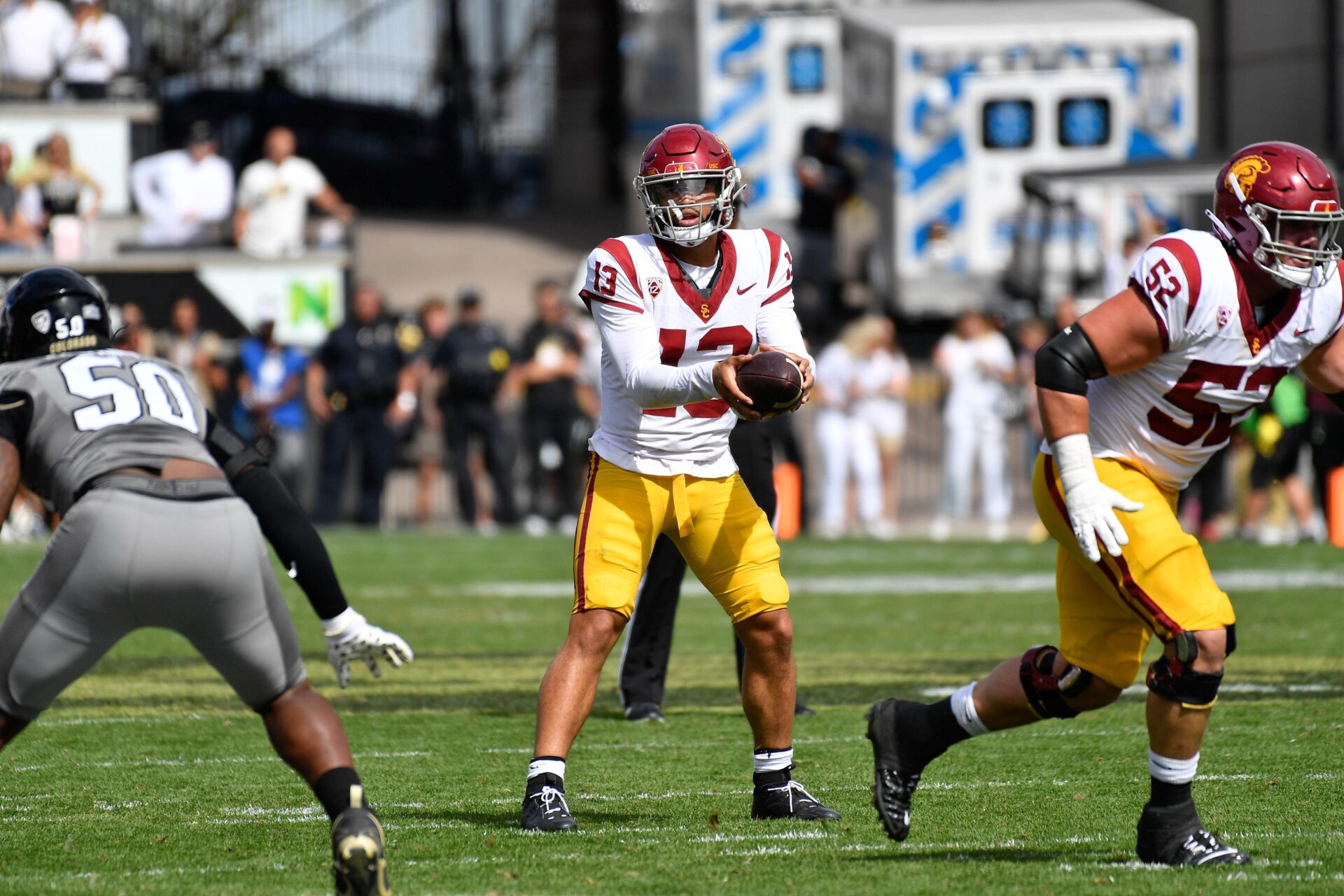 USC Trojans quarterback Caleb Williams (13) in the third quarter against the Colorado Buffaloes at Folsom Field.