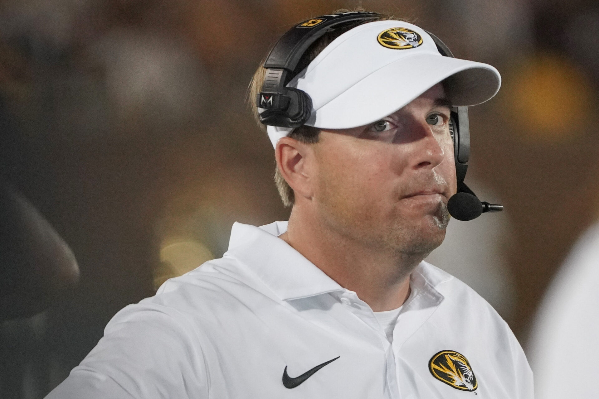 Missouri Tigers head coach Eli Drinkwitz watches play against the Middle Tennessee Blue Raiders during the second half at Faurot Field at Memorial Stadium.