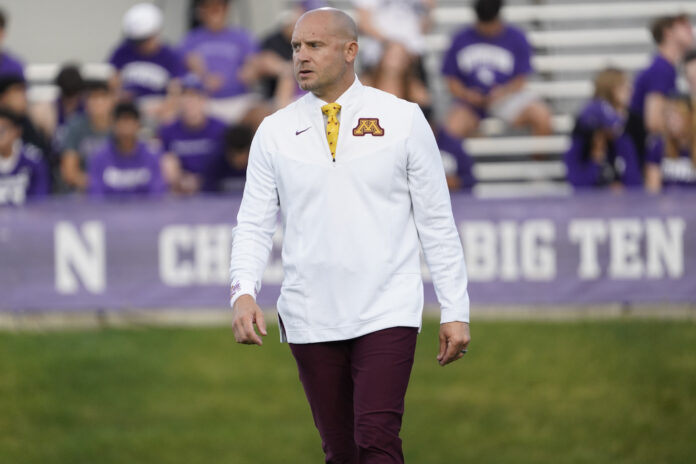 Minnesota Golden Gophers head coach PJ Fleck on the field before the game against the Northwestern Wildcats at Ryan Field