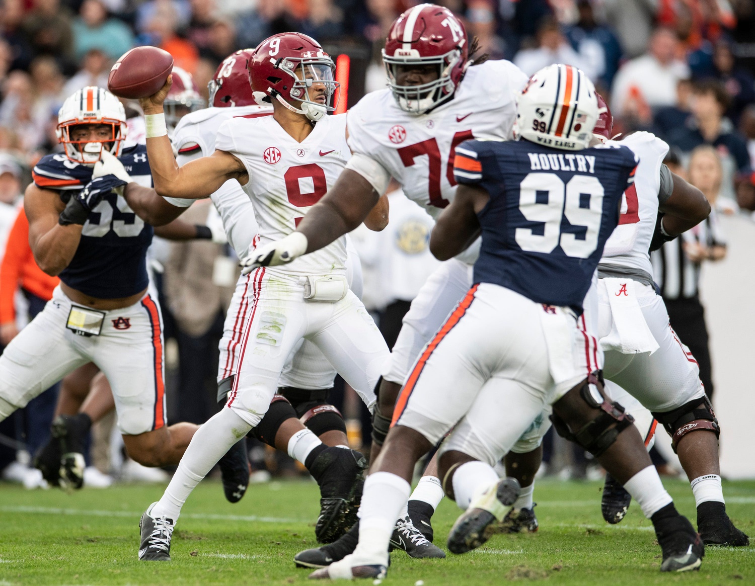 Alabama Crimson Tide quarterback Bryce Young (9) throws the ball during the Iron Bowl at Jordan-Hare Stadium in Auburn, Ala., on Saturday, Nov. 27, 2021. Auburn Tigers leads Alabama Crimson Tide 7-0 at halftime.