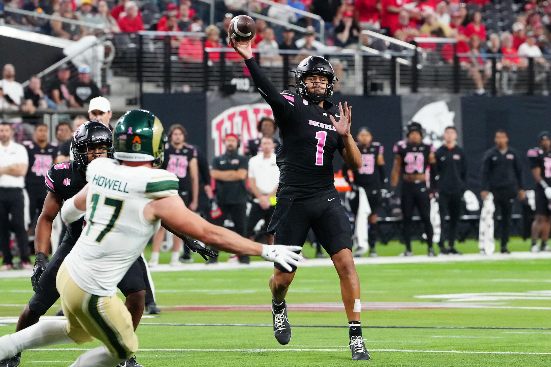 UNLV Rebels quarterback Jayden Maiava (1) makes a pass attempt against the Colorado State Rams during the third quarter at Allegiant Stadium.