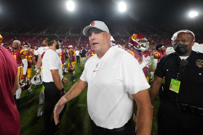 Southern California Trojans head coach Clay Helton reacts after a game against the Stanford Cardinal at United Airlines Field at Los Angeles Memorial Coliseum.