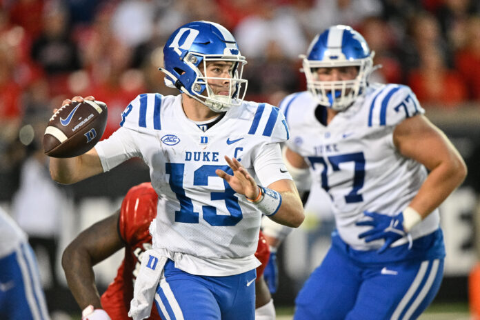 Duke Blue Devils quarterback Riley Leonard (13) looks to pass the ball against the Louisville Cardinals during the second half at L&N Federal Credit Union Stadium.