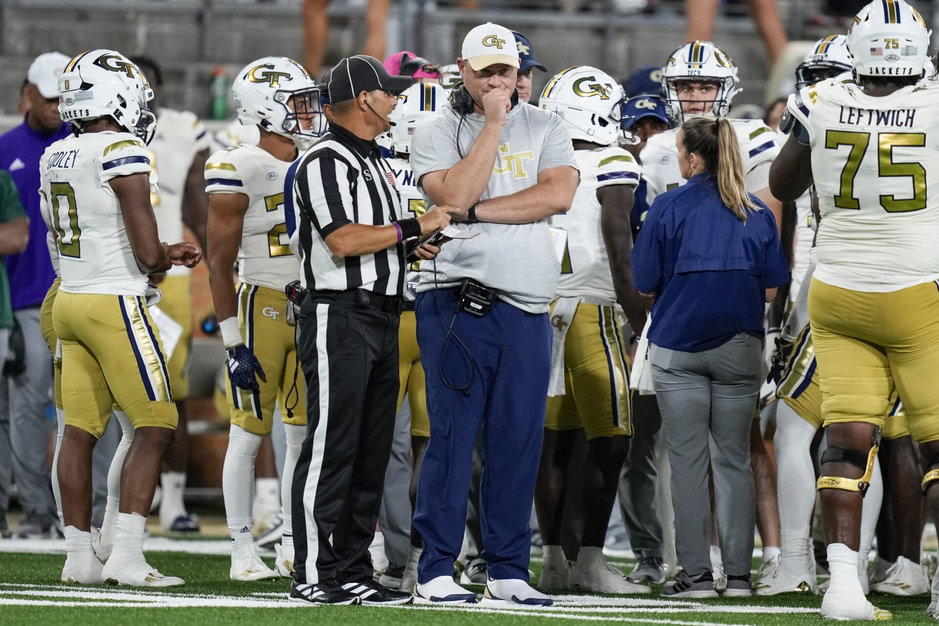 Georgia Tech Yellow Jackets head coach Brent Key talks with an official during the second half against the Wake Forest Demon Deacons.