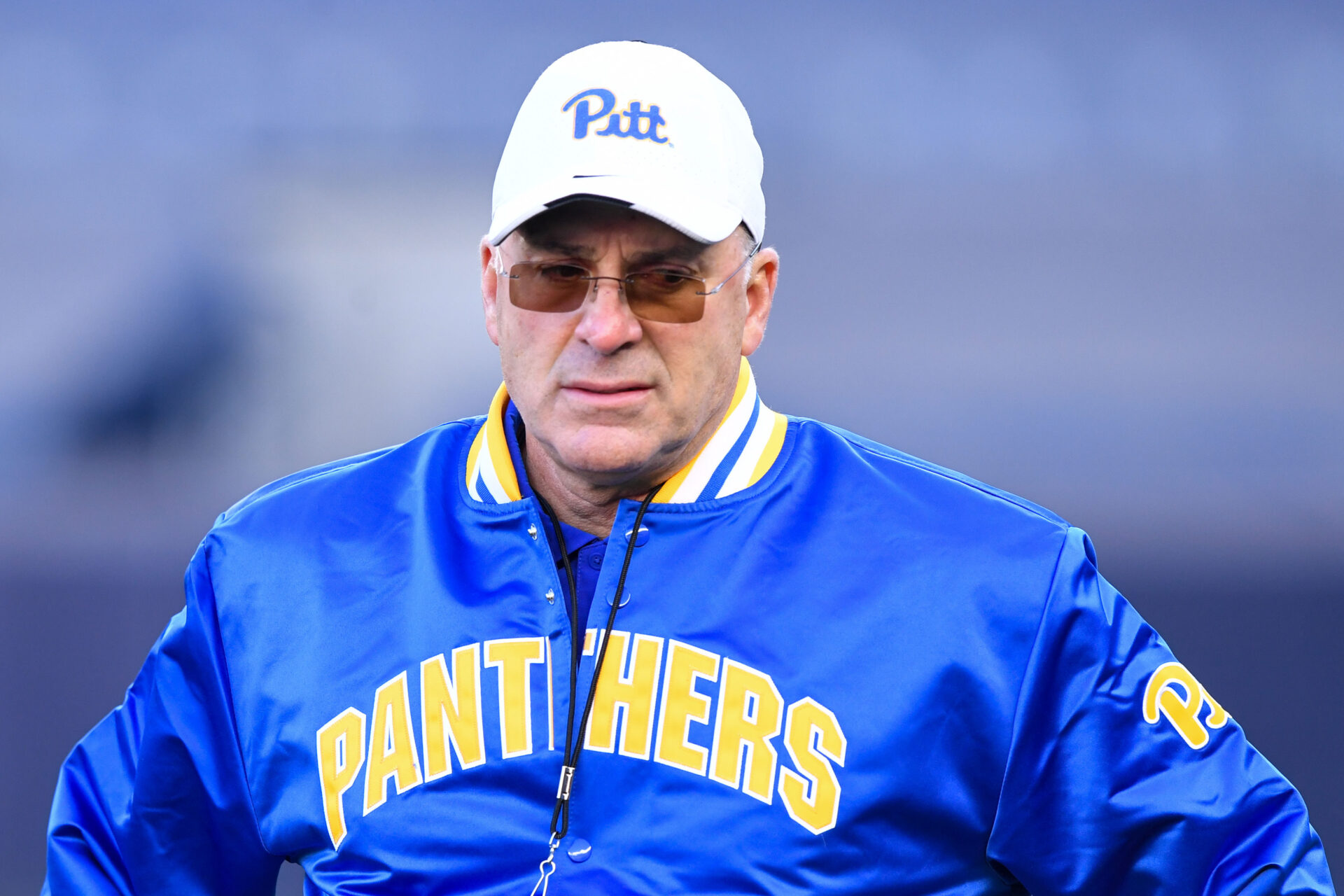 Pittsburgh Panthers head coach Pat Narduzzi watches warm ups before the game against against the Syracuse Orange at Yankee Stadium.