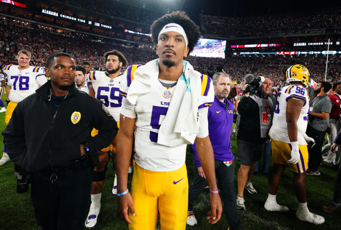 LSU Tigers quarterback Jayden Daniels (5) after the game following the Alabama Crimson Tide 42-28 victory at Bryant-Denny Stadium.