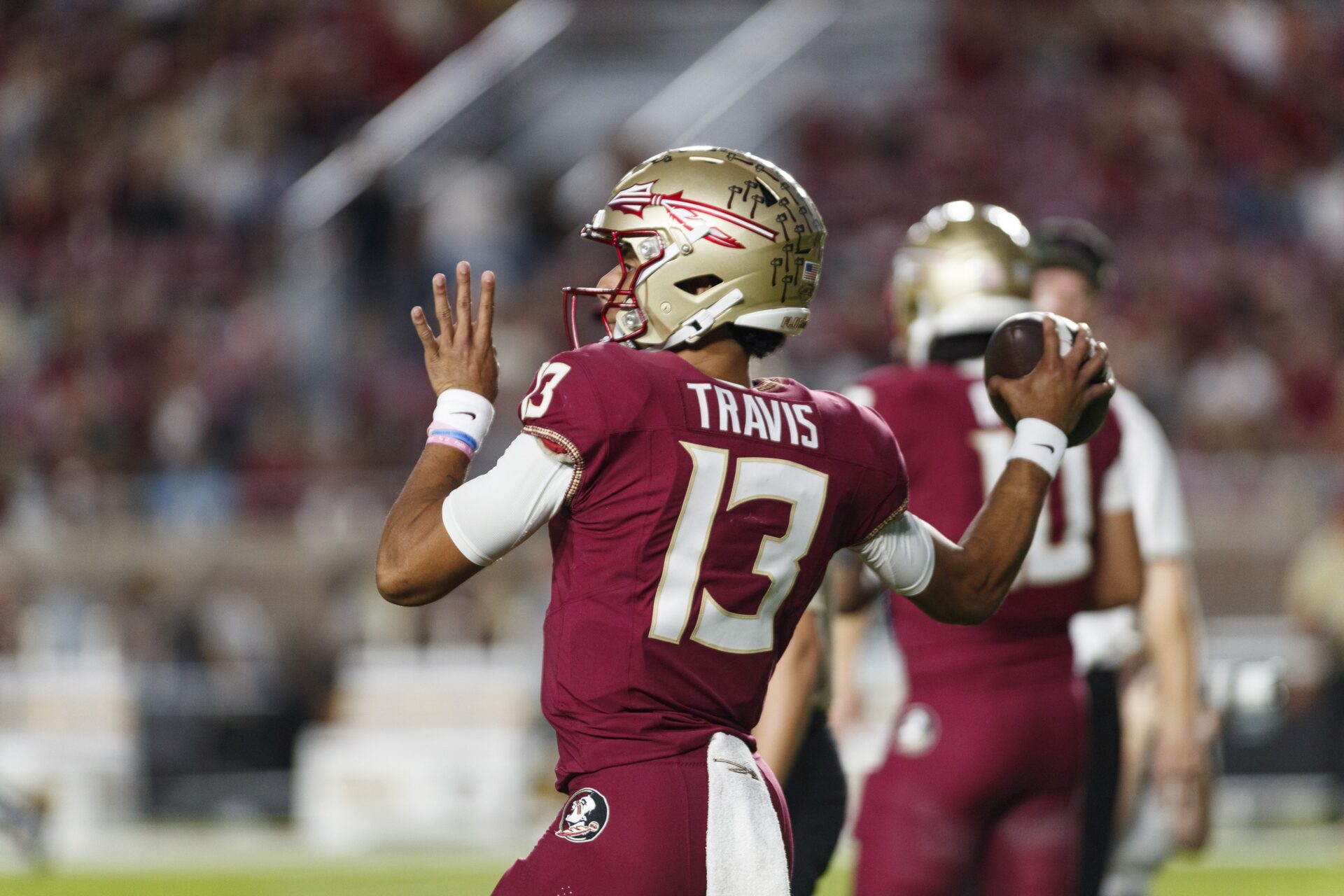 Florida State Seminoles quarterback Jordan Travis (13) throws a pass during the warm ups against the North Alabama Lions at Doak S. Campbell Stadium.