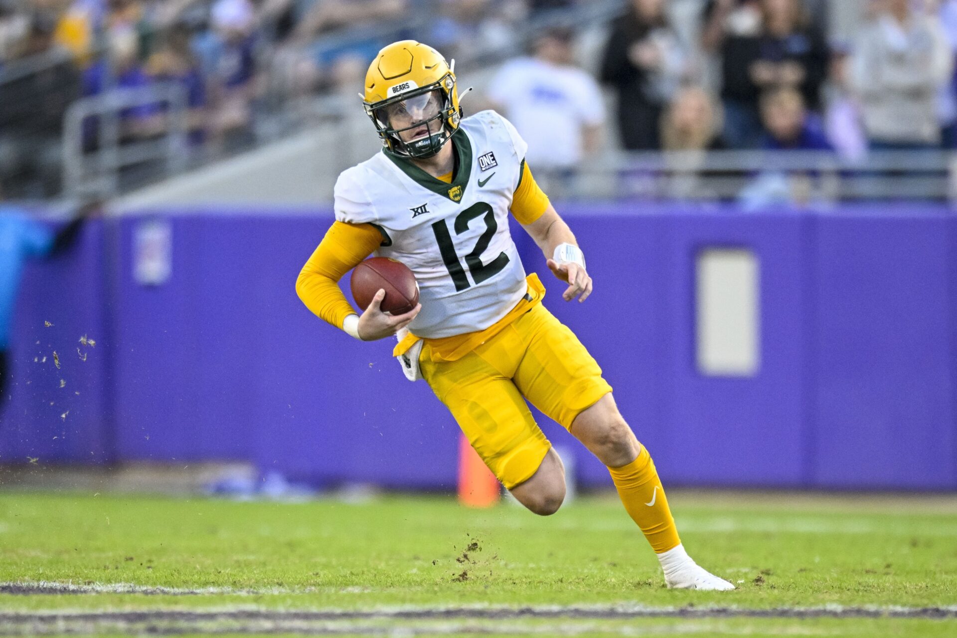 Baylor Bears quarterback Blake Shapen (12) in action during the game between the TCU Horned Frogs and the Baylor Bears at Amon G. Carter Stadium.