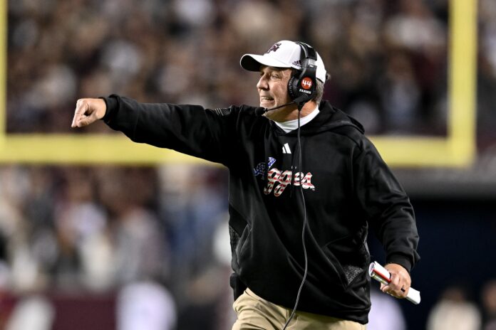 Texas A&M head coach Jimbo Fisher reacts after a call against Mississippi State.