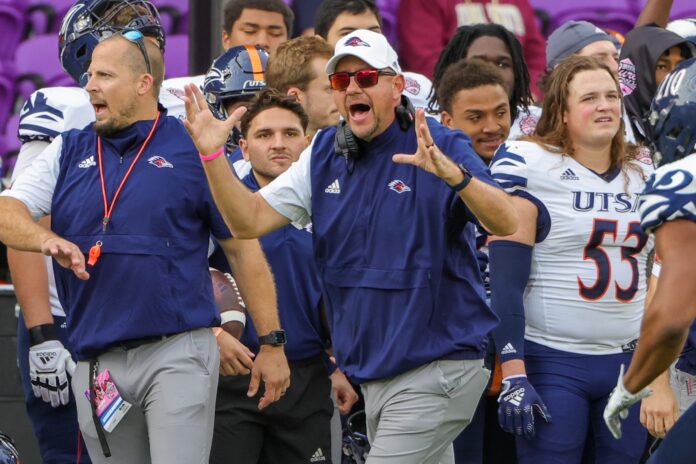 UTSA Roadrunners head coach Jeff Traylor reacts to a call during the second quarter against the Troy Trojans at Exploria Stadium.