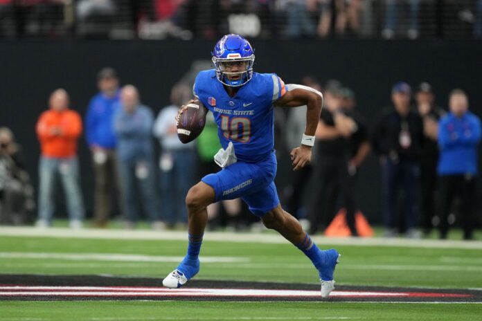 Boise State Broncos quarterback Taylen Green (10) prepares to throw the ball against the UNLV Rebels in the first half during the Mountain West Championship at Allegiant Stadium.