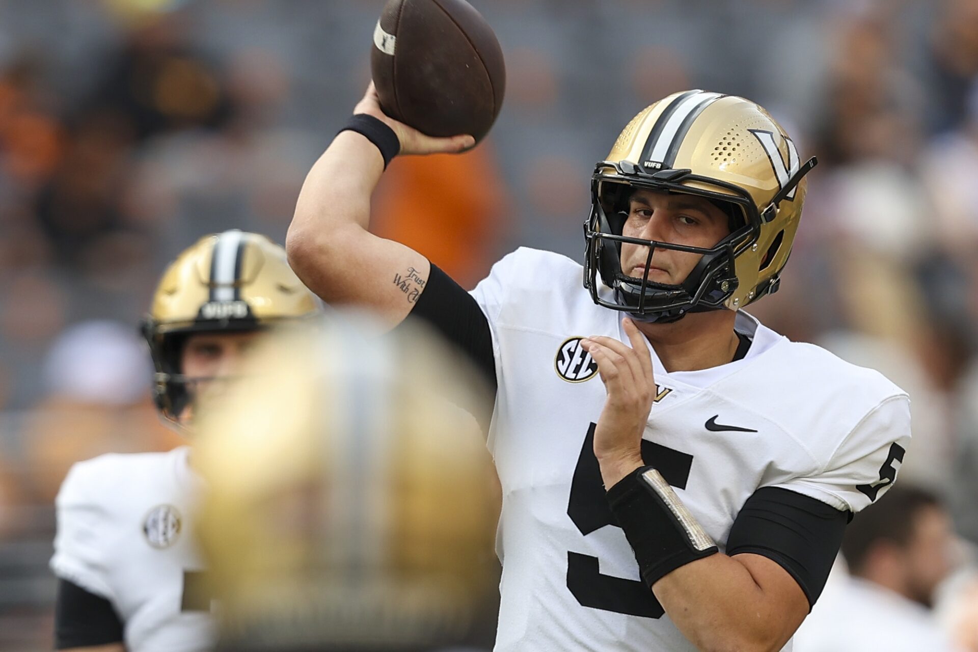 Vanderbilt Commodores quarterback AJ Swann (5) passes the ball during warmups before the game against the Tennessee Volunteers at Neyland Stadium.