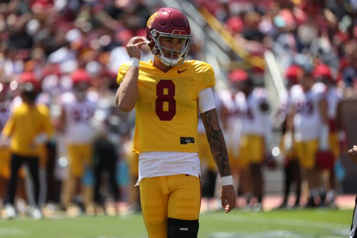 USC Trojans quarterback Malachi Nelson (8) stands on the field during the Spring Game at Los Angeles Memorial Coliseum.
