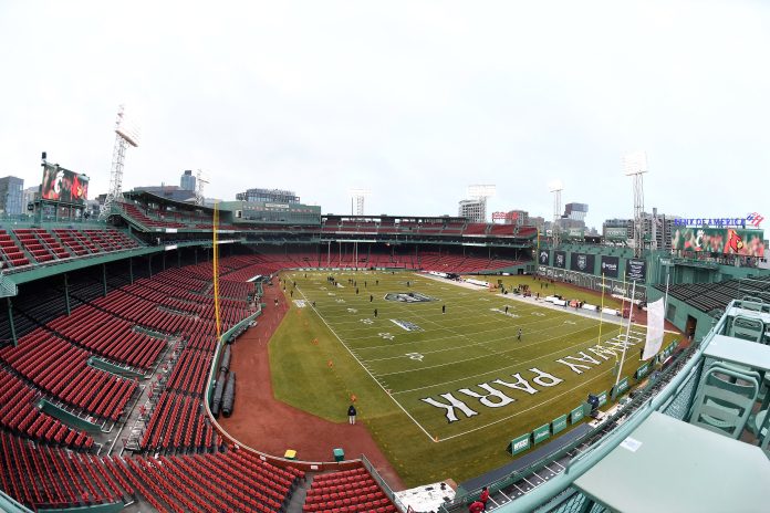 A general overview of the field before the start of a game between Cincinnati Bearcats and the Louisville Cardinals at the Wasabi Bowl at Fenway Park.