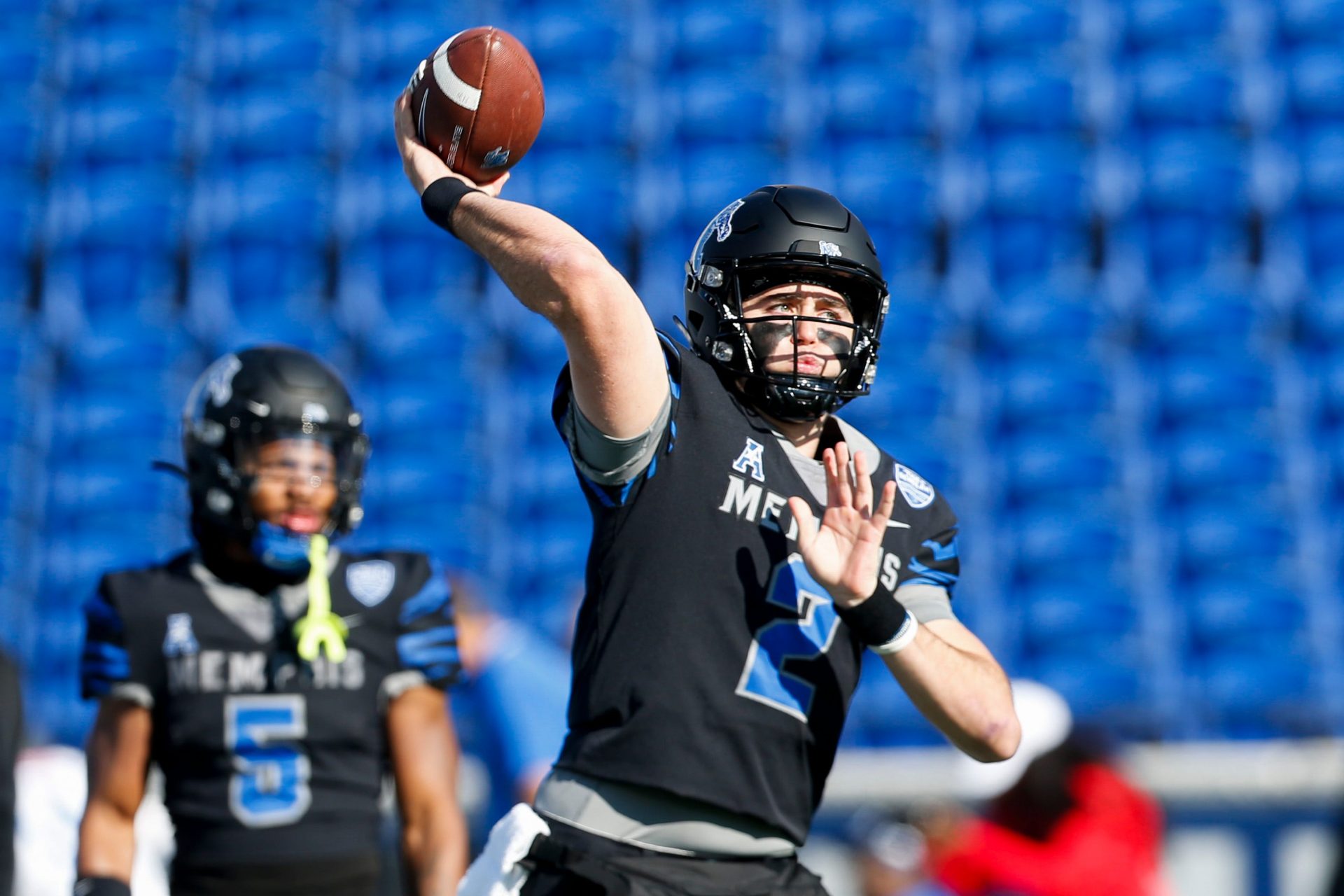 Memphis' Seth Henigan (2) warms up before the game between Southern Methodist University and University of Memphis at Simmons Bank Liberty Stadium in Memphis, Tenn., on Saturday, November 18, 2023.