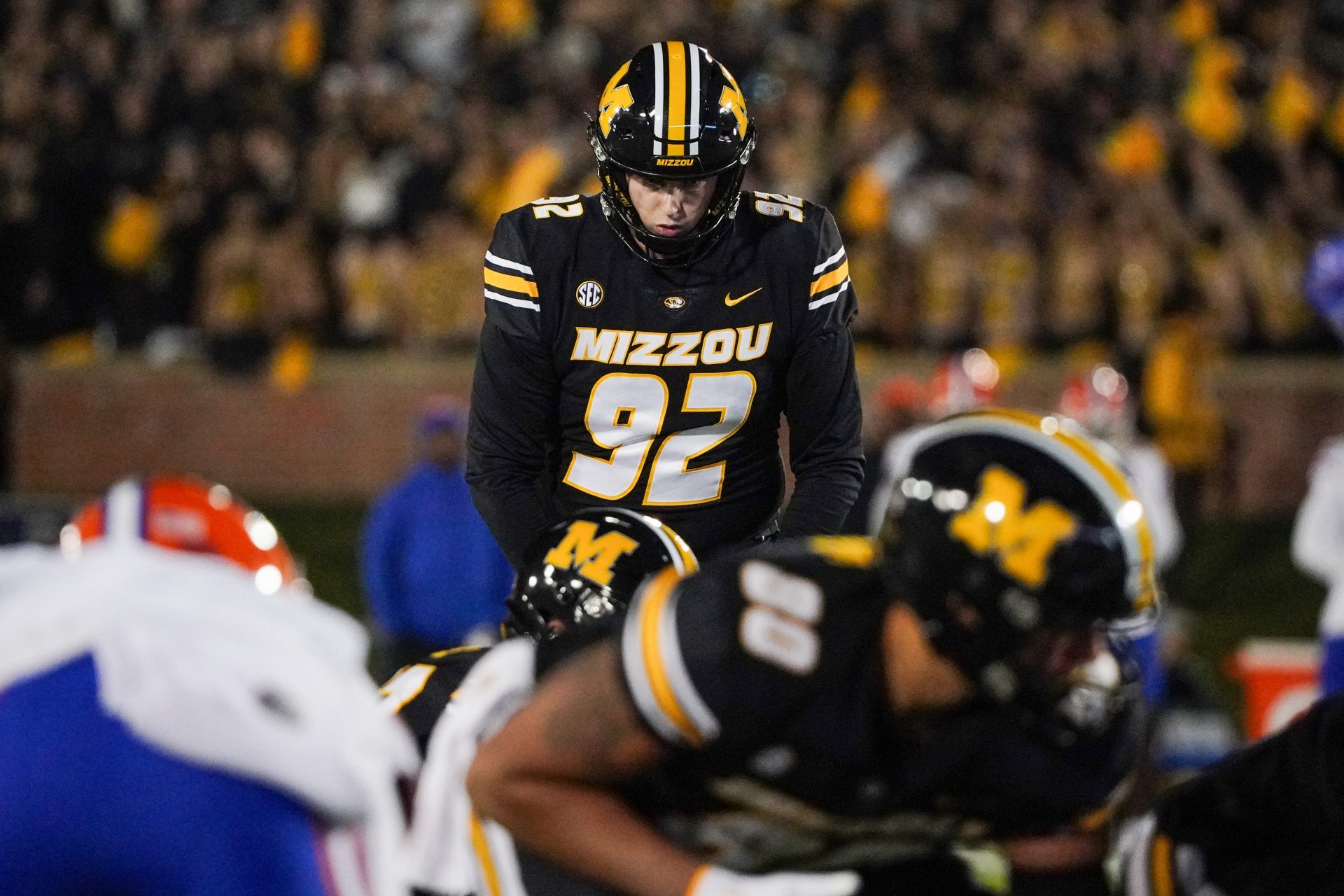 Missouri Tigers place kicker Harrison Mevis (92) kicks a field goal against the Florida Gators during the first half at Faurot Field at Memorial Stadium.