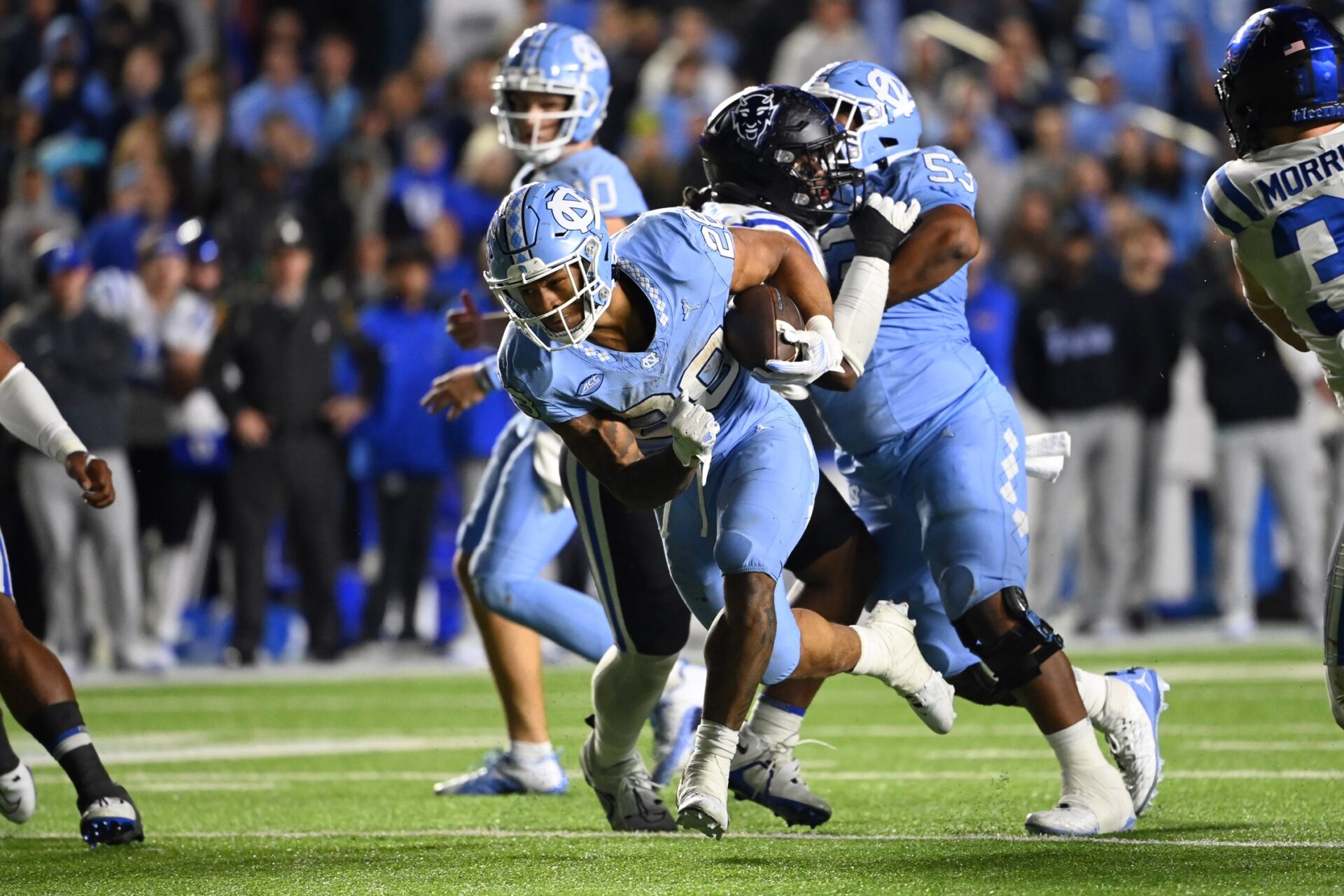 North Carolina Tar Heels running back Omarion Hampton (28) with the ball in the second overtime at Kenan Memorial Stadium.