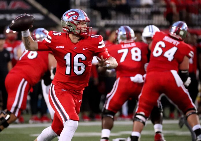 Western Kentucky quarterback Austin Reed (16) passes the ball during the football game against MTSU at Houchens Industries L. T. Smith Stadium in Bowling Green Ky, on Thursday, Sept, 28, 2023.