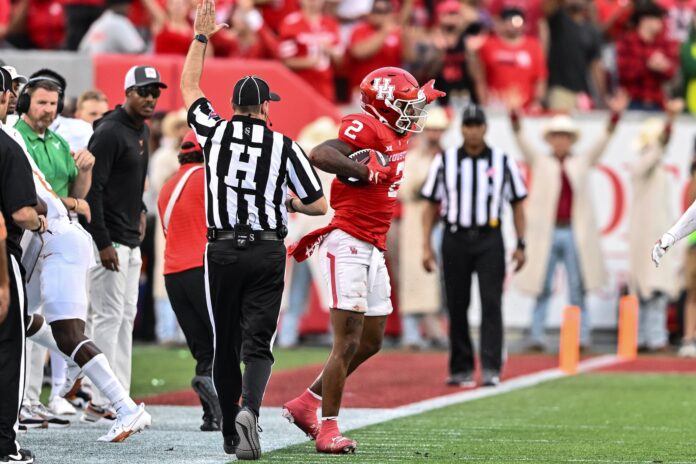 Houston Cougars wide receiver Matthew Golden (2) reacts during the fourth quarter against the Texas Longhorns at TDECU Stadium.