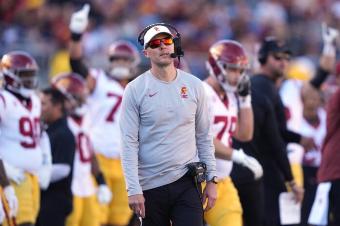 USC Trojans head coach Lincoln Riley reacts after a penalty during the third quarter against the California Golden Bears at California Memorial Stadium.